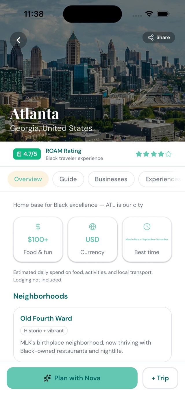 ROAM BLK destination page for Atlanta showing a 4.7 out of 5 ROAM Rating for the Black traveler experience