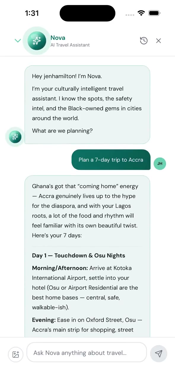 Nova, the ROAM BLK AI assistant, planning a 7-day Accra trip personalized to the traveler's Lagos roots