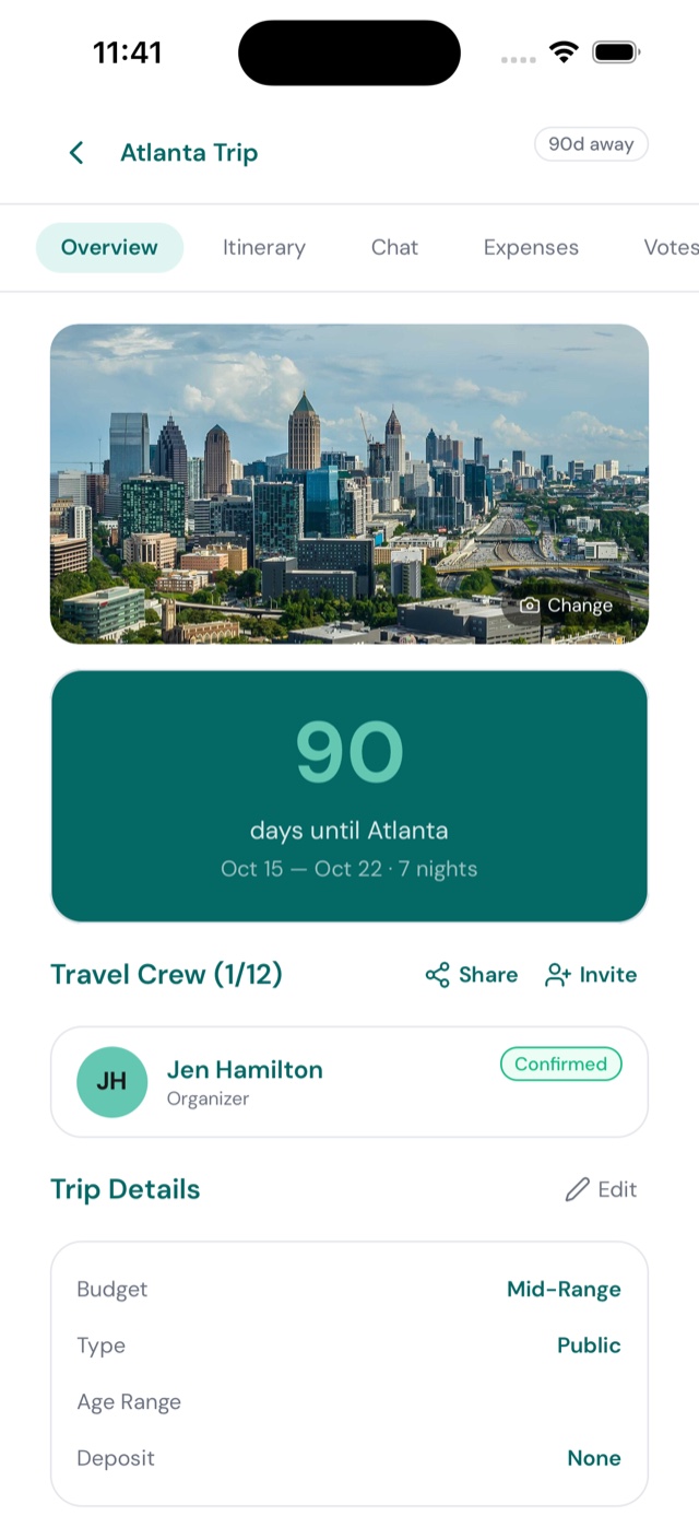 A ROAM BLK group trip page with itinerary, chat, and votes